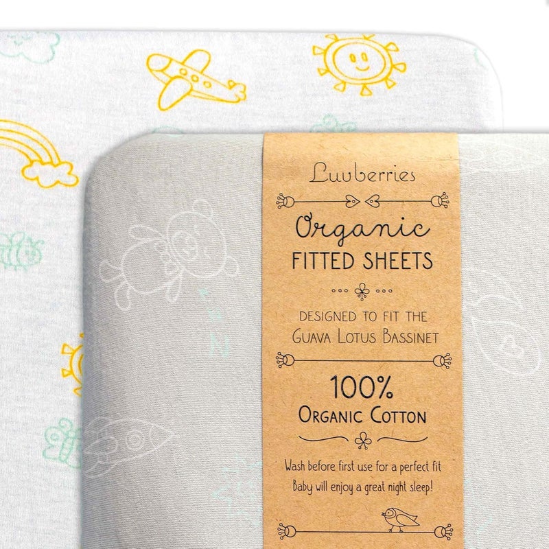 Luvberries 100% Organic Cotton Bassinet Sheets (Set of 2) for The Guava Lotus Travel Bassinet - Baby and Newborn, Fitted Bassinet Sheets, for Boys & Girls (Day and Night) - Image 1